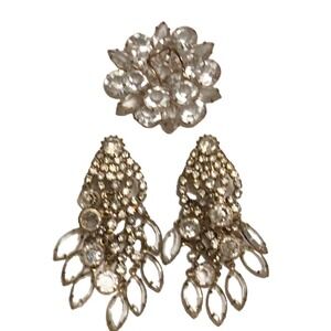 VINTAGE JULIANA BROOCH and CLIP EARRINGS Clear Open Back Dangle Cascade